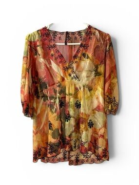 Mushka By Sienna Rose Floral Print‎ Embroidered Sheer Lightweight Blouse Sz M